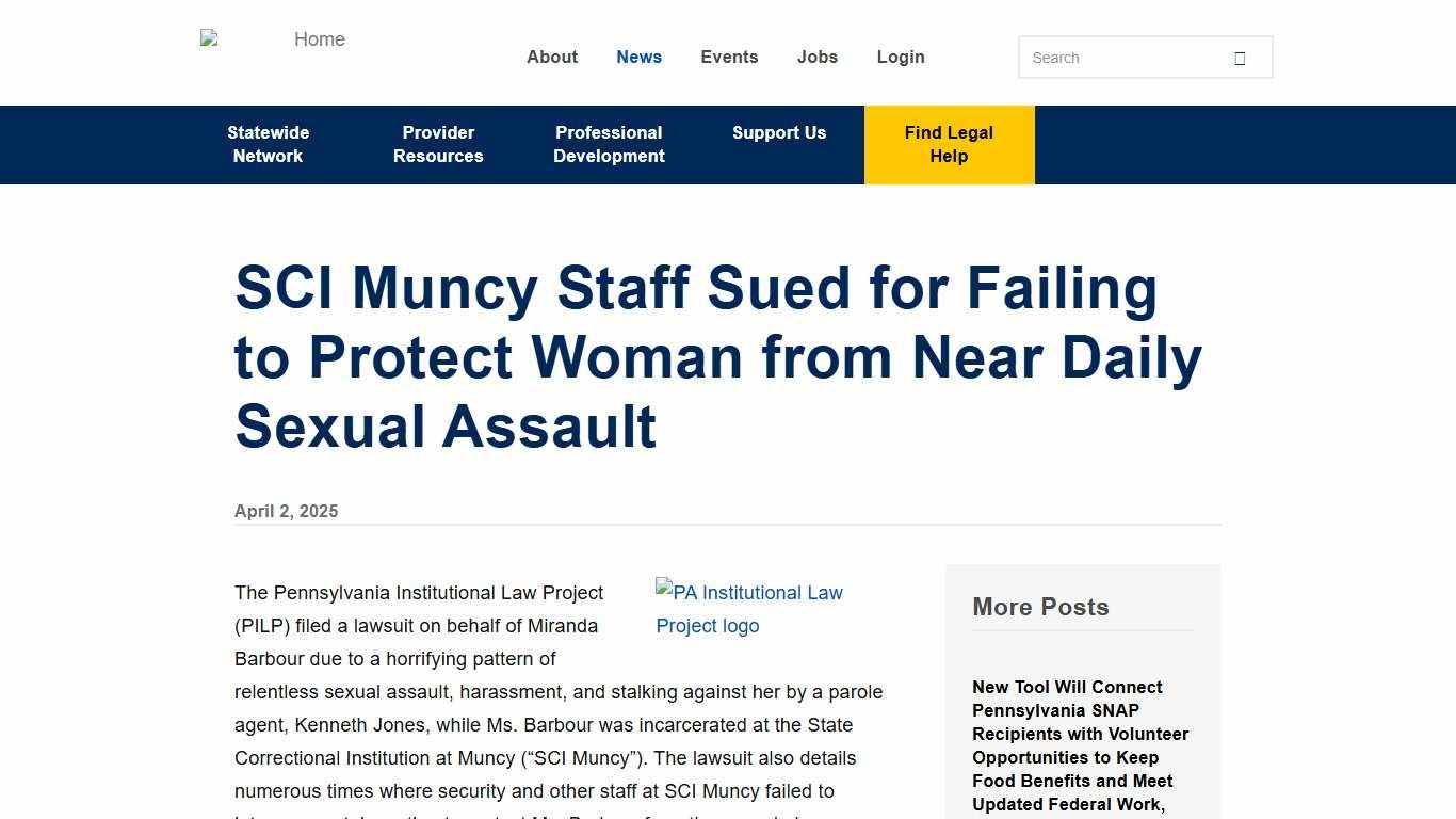 SCI Muncy Staff Sued for Failing to Protect Woman from Near Daily Sexual Assault | Pennsylvania Legal Aid Network